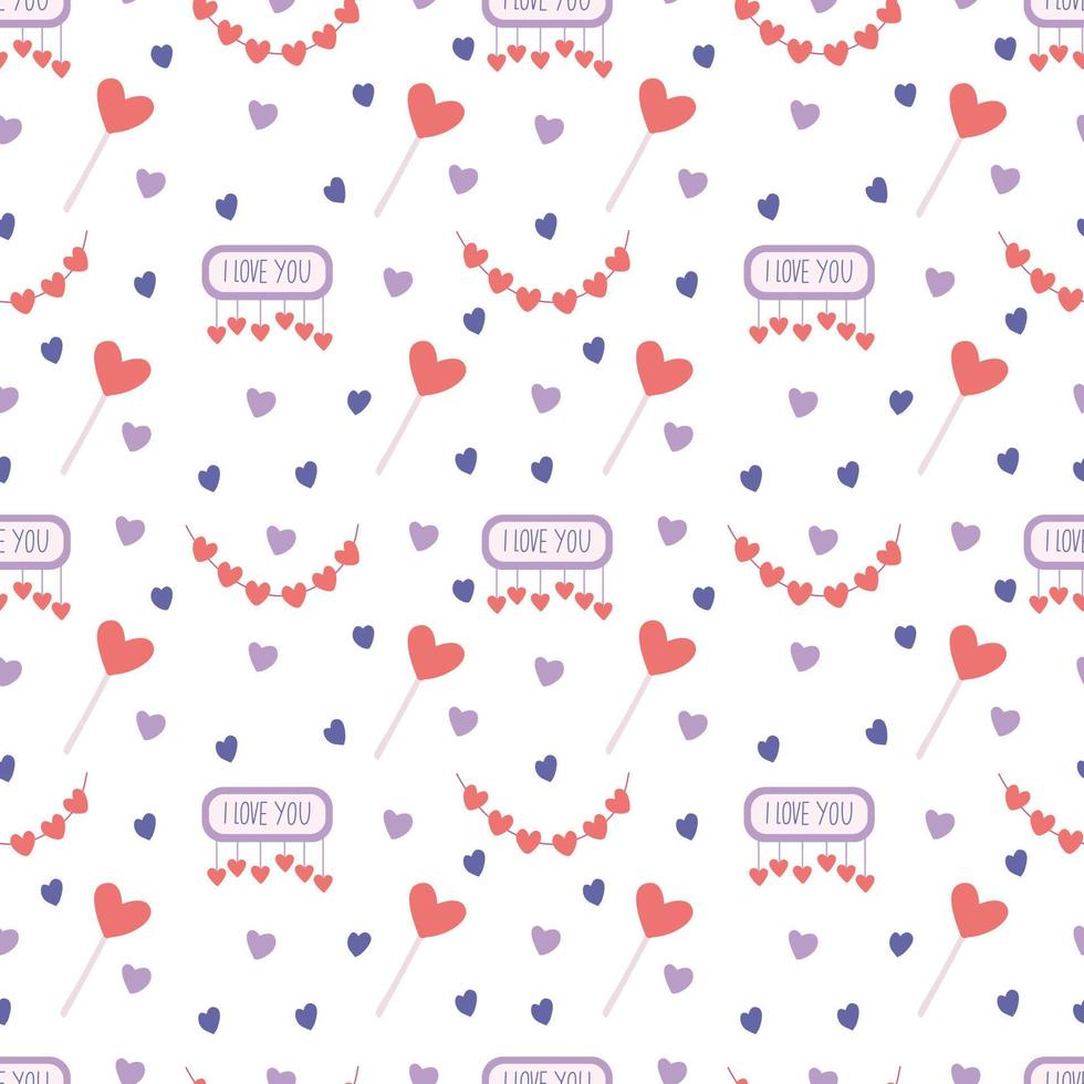 Seamless pattern with garlands, hearts, lollipops and I love you signs  on white. Great for fabrics,  Valentine's day  wrapping papers. vector