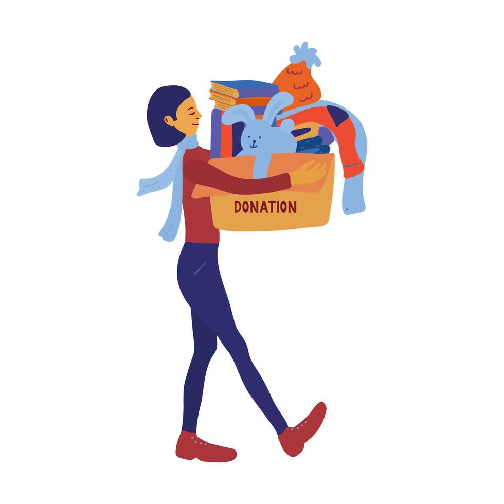 Woman bringing her clothes and other items to charity. Box with a bunny, books, clothes, a knitted hat. Donation concept. Mindful lifestyle. . vector