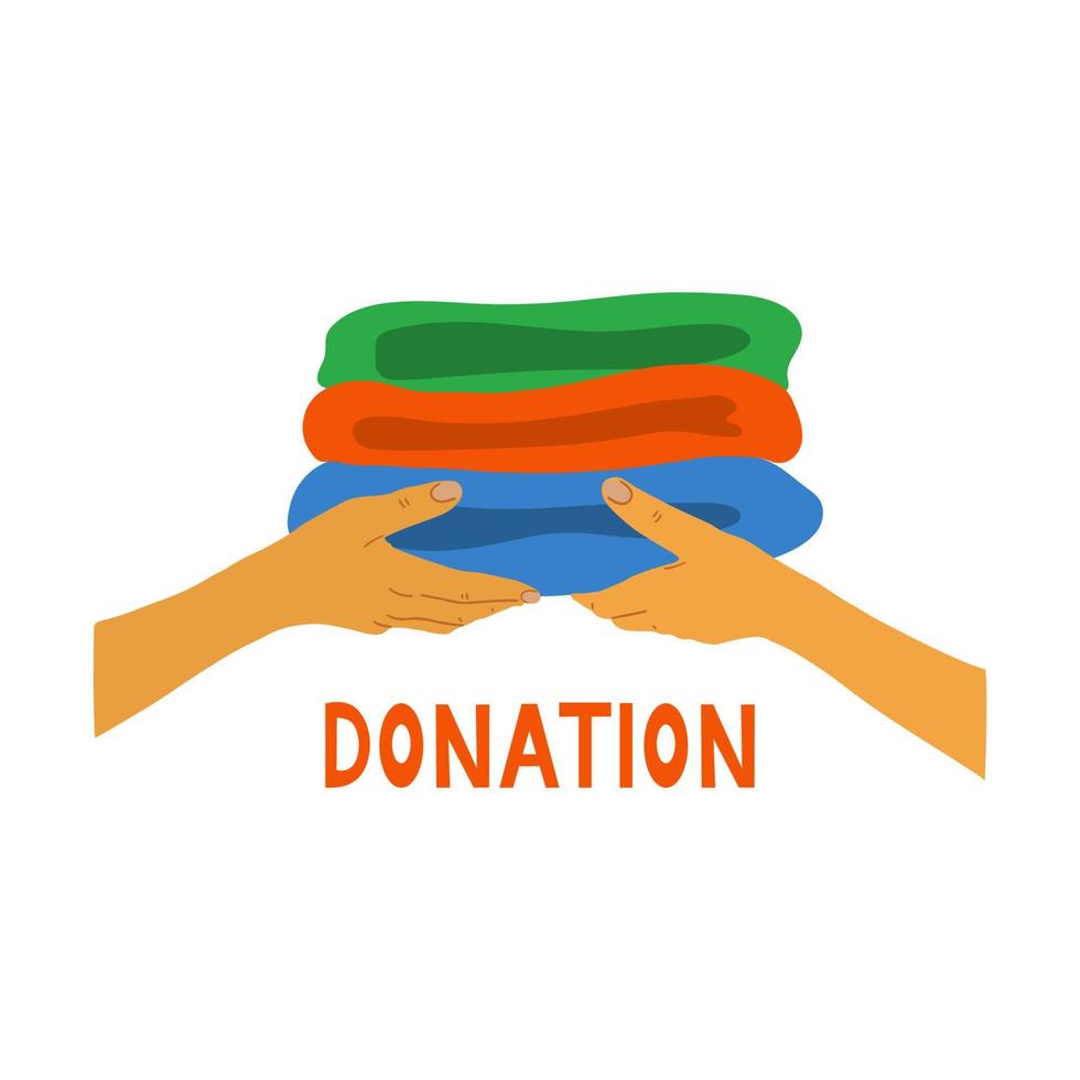 Donation sign. Hands giving and receiving clothes on white background. Hand drawn illustration and lettering vector