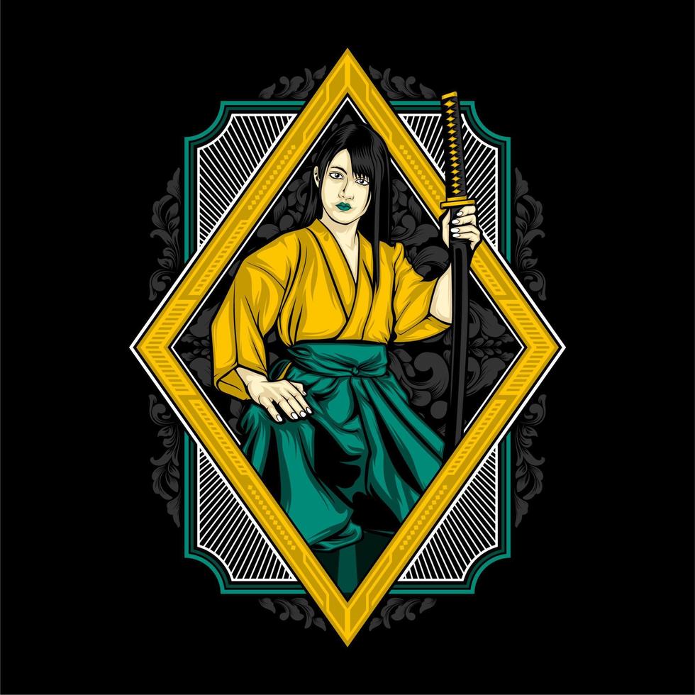 cool samurai lady illustration with awesome background vector