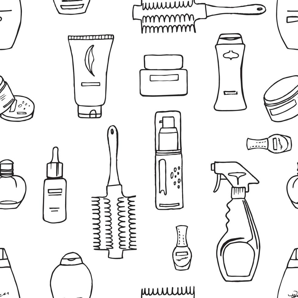 Hand drawn doodles seamless pattern of beauty products spray, comb, balm, oil, lotion in linear style vector