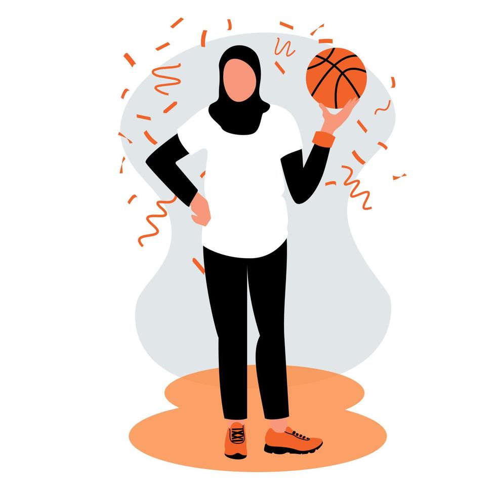 una chica musulmana con un hijab tradicional negro y ropa deportiva con pelota en la mano. la ganadora femenina en el partido de baloncesto. vector