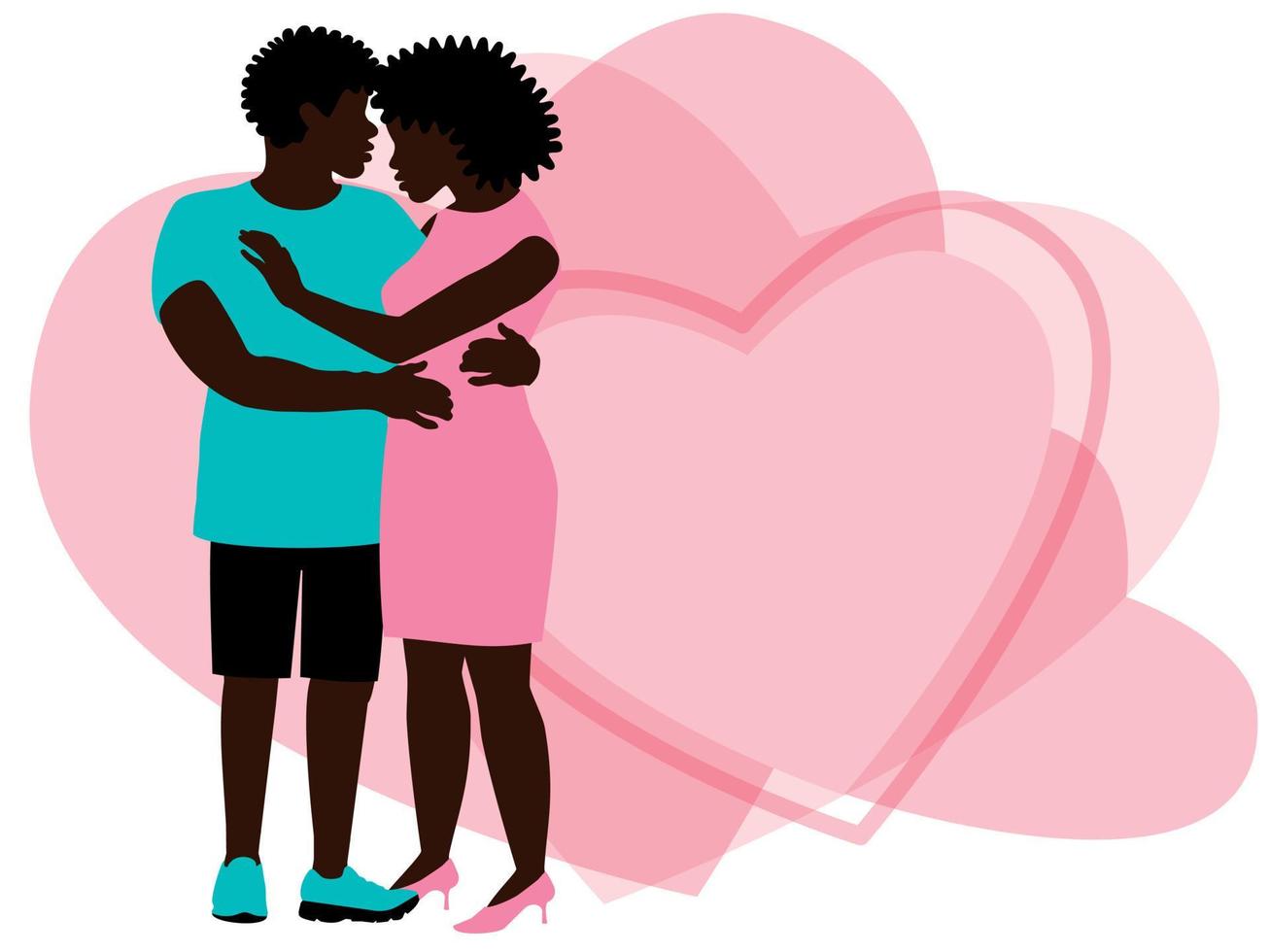 Beautiful portrait of black couple in love on pink background for conceptual design of valentine's day. Romantic background from hearts. vector