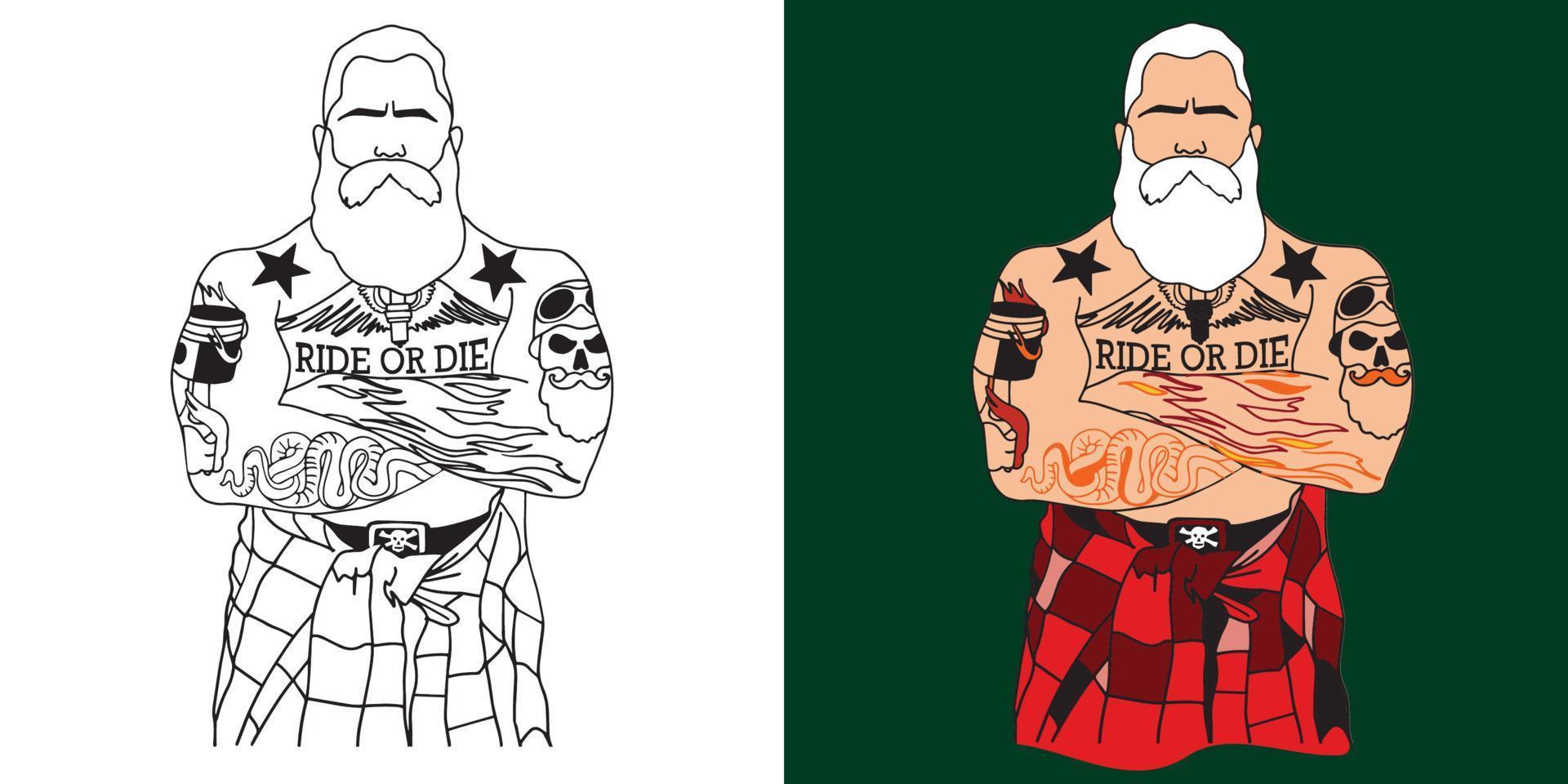 Elderly old pumped up male biker motorcyclist in threatening pose, hands in the lock. Tattoos on the body. Strong man. Checkered shirt tied at the waist. Lettering on the chest ride or die. vector