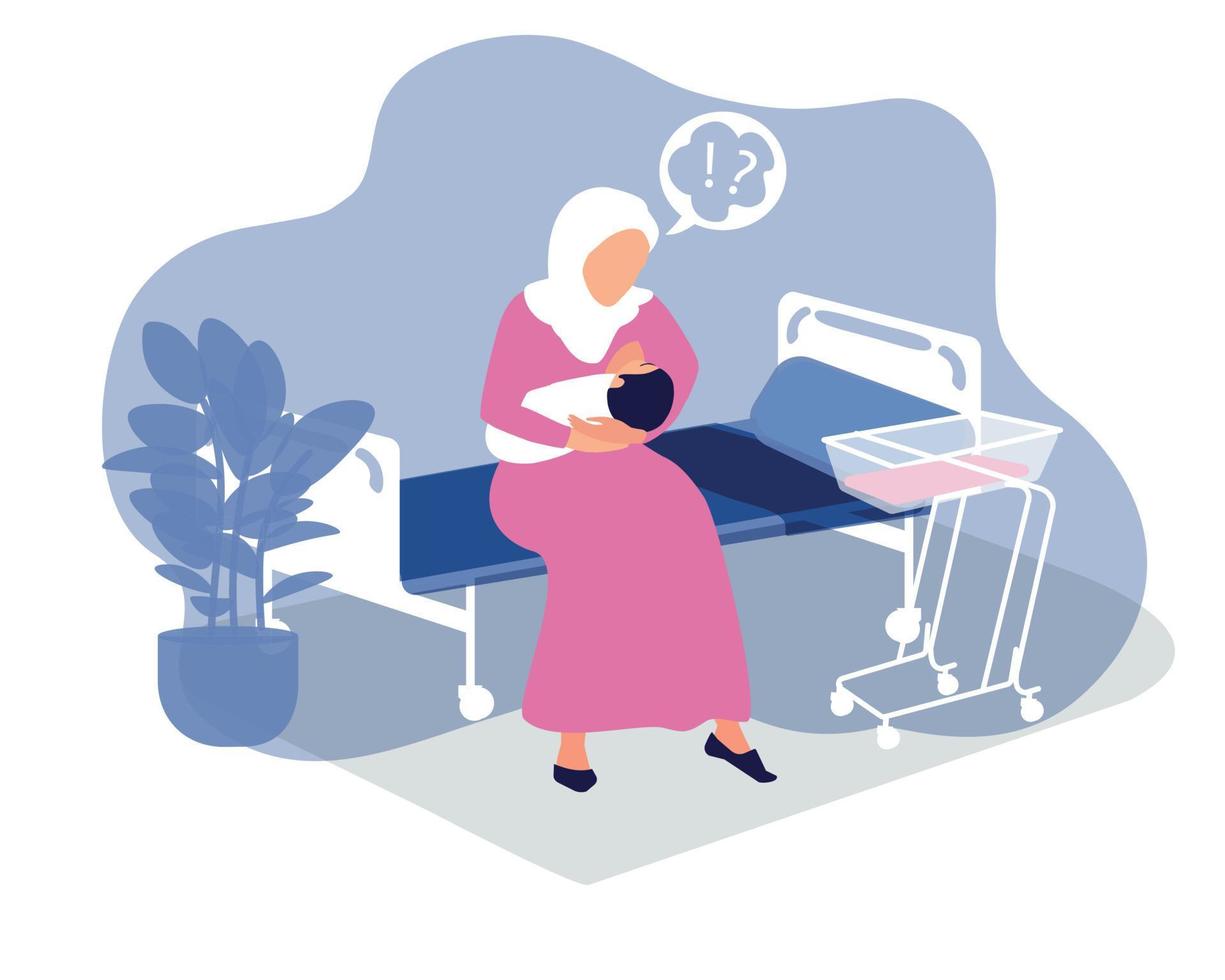A muslim woman with a newborn baby in her arms alone in a hospital ward staying with a baby. The first days are the postpartum period. Support breastfeeding and maternal mental health. vector