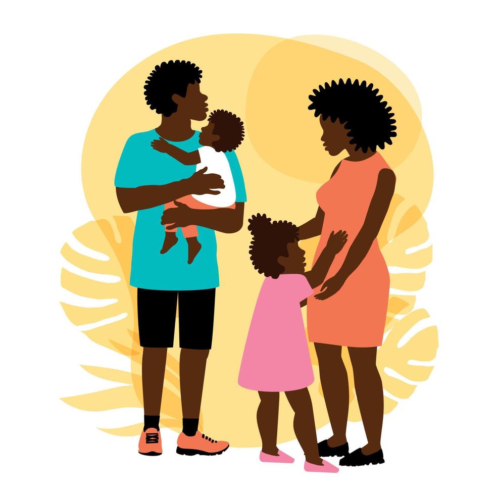 Beautiful black mother and father with siblings, great design for any purposes. Happy family leisure. The relationship between children and parents. Summer background. vector