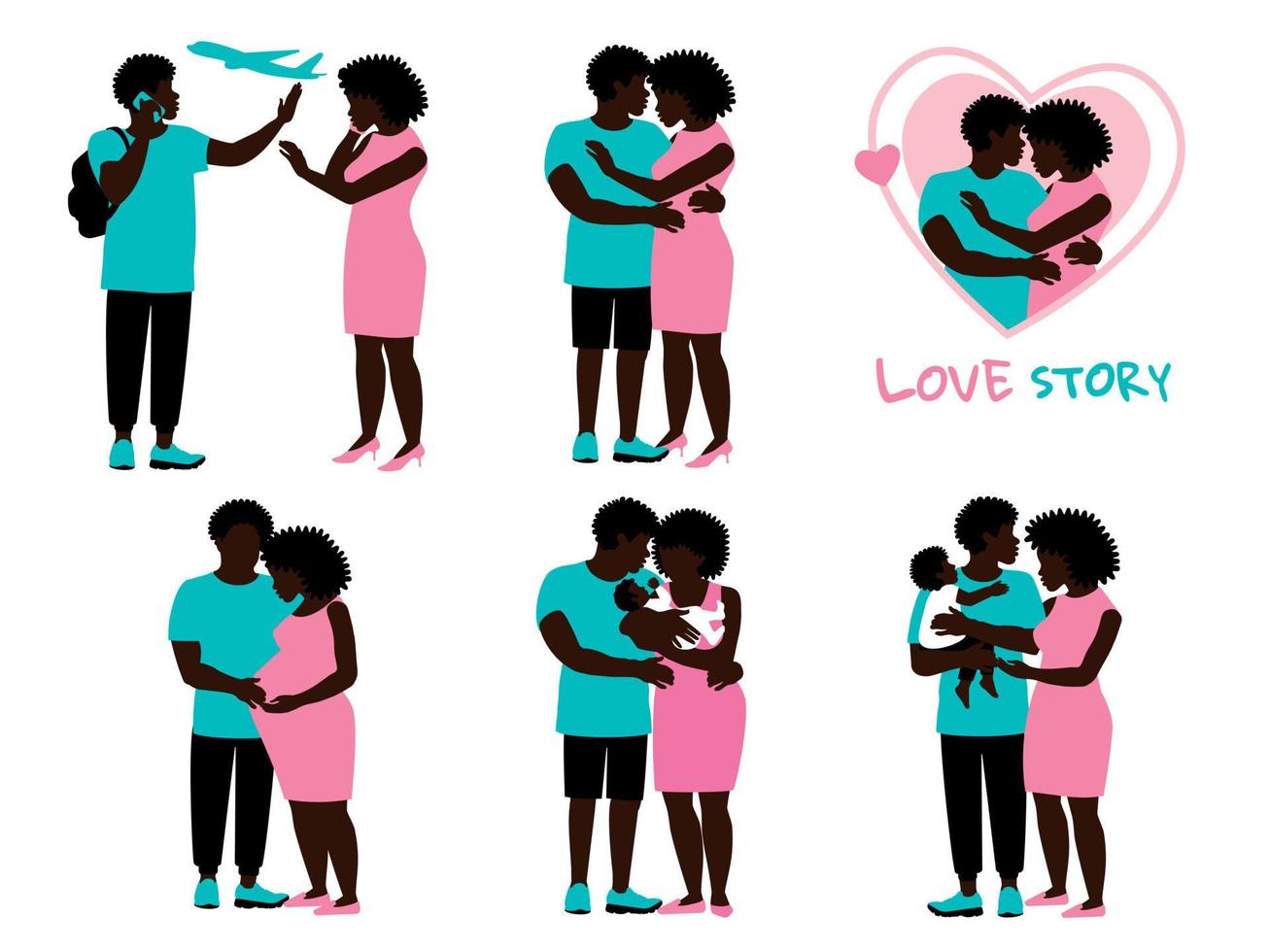 Black couple love story set, great design for any purposes. Marriage and cohaabitation concept. Family couple in love. vector