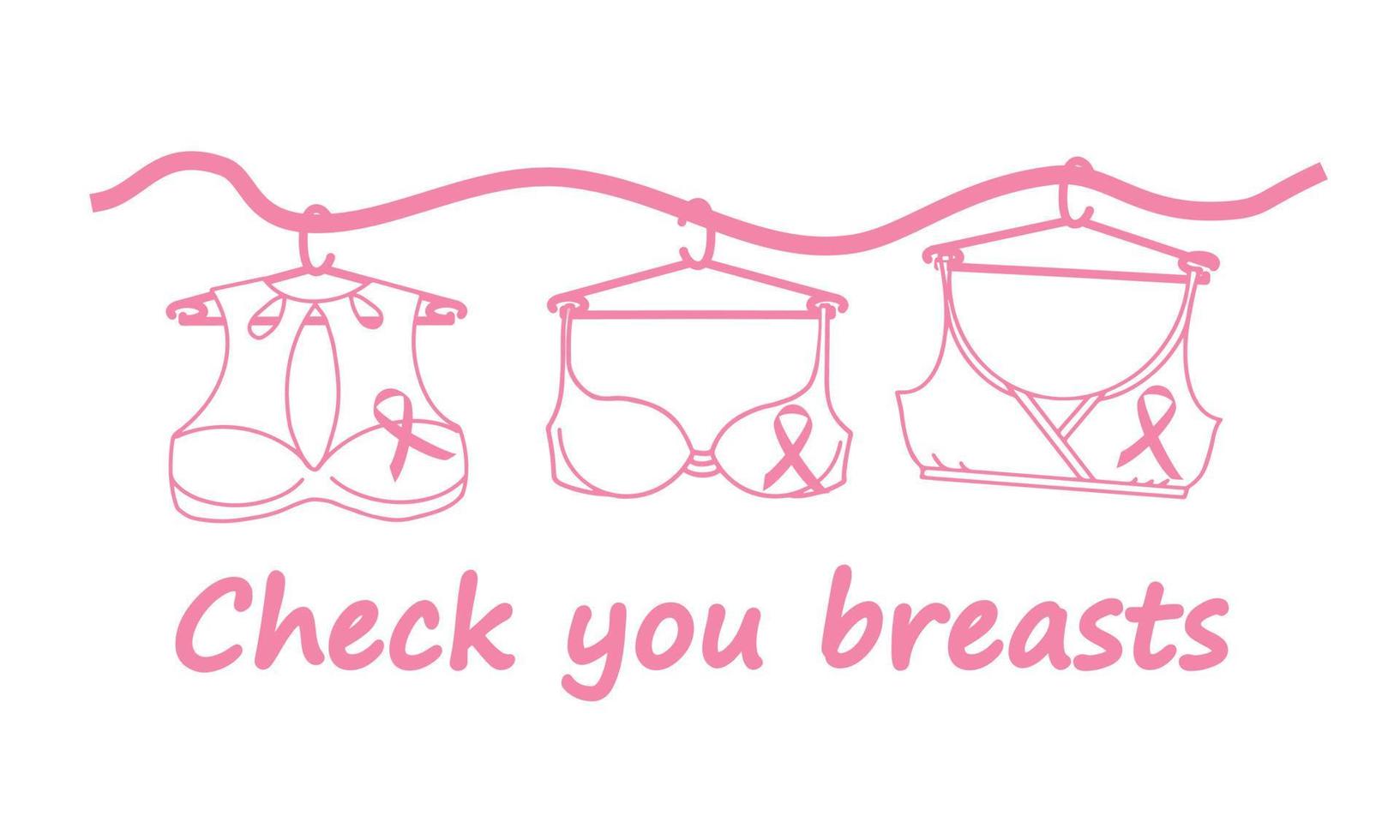 Breast cancer awareness month banner with text Check your breasts. Breast cancer health and prevention concept. Lingerie hangs on a pink ribbon. vector