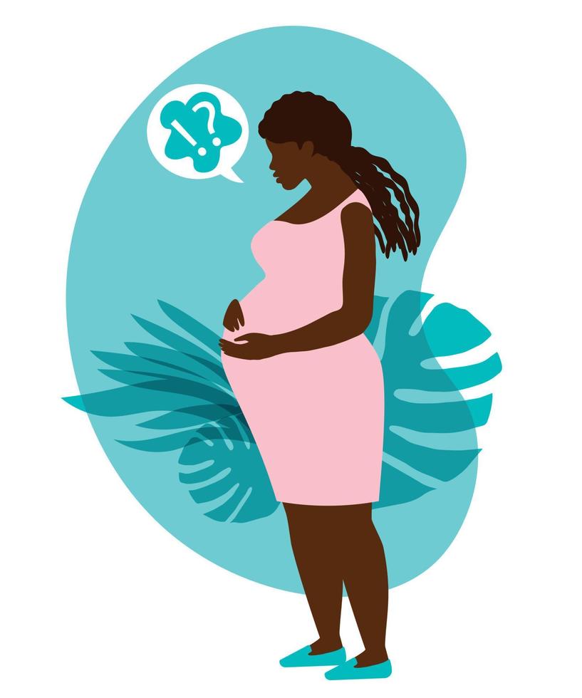 Depresión prenatal de mamá negra. concepto de estilo de vida infantil. concepto triste de embarazo. embarazada afroamericana. vector