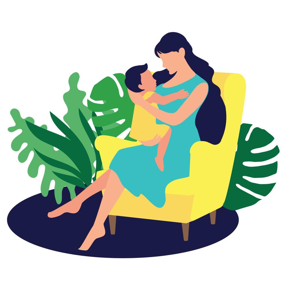 A young mother with a baby in her arms sits in a chair. Motherhood. Staying at home mom. A housewife. Natural background with leaves monstera and plants. vector