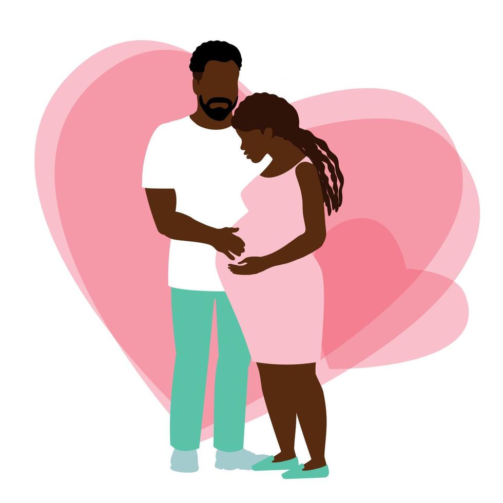Young black couple expecting a baby. Embrace of a beloved pregnant woman. Happy couple of spouses. Pink heart on the background. vector