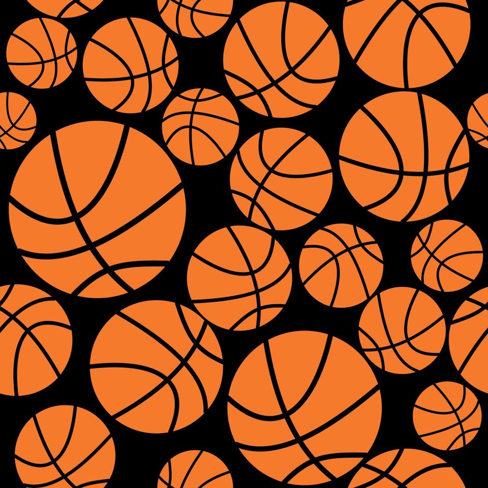 patrón impecable con pelotas naranjas de baloncesto en un fondo negro. estilo plano sencillo vector