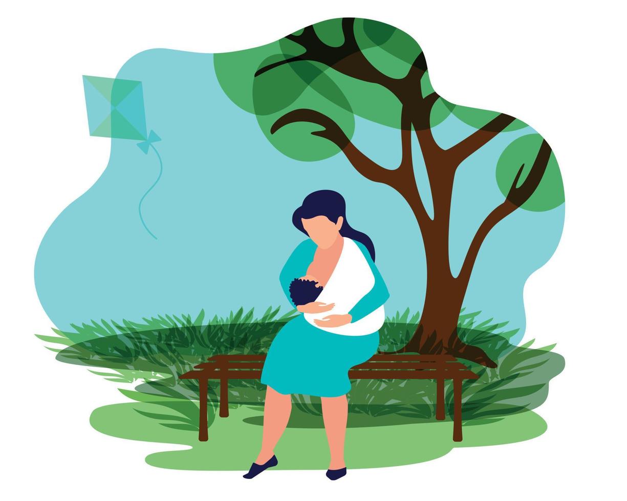 Woman breastfeeds a baby while sitting on a park bench. Mom and child in a sling. Public feeding. Natural background. vector