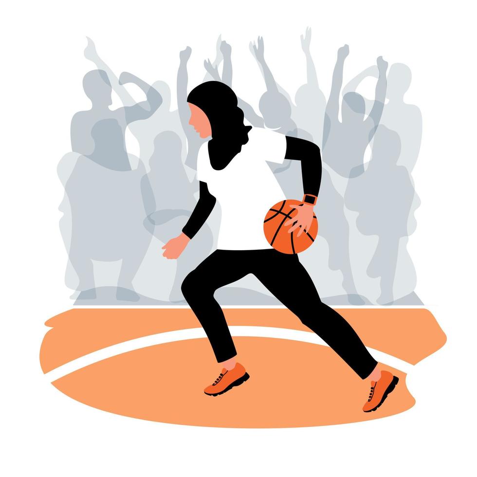 una chica musulmana con un hiyab tradicional negro regatea una pelota naranja en un juego de equipo. partido de baloncesto, siluetas en las gradas. vector