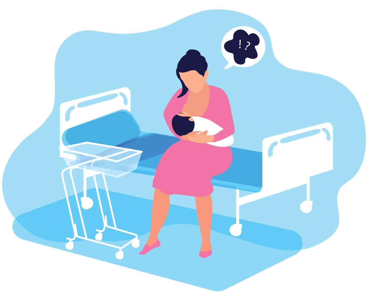 A woman with a newborn baby in her arms alone in a hospital ward staying with a baby. The first days are the postpartum period. Many anxiety issues, support breastfeeding and maternal mental health. vector