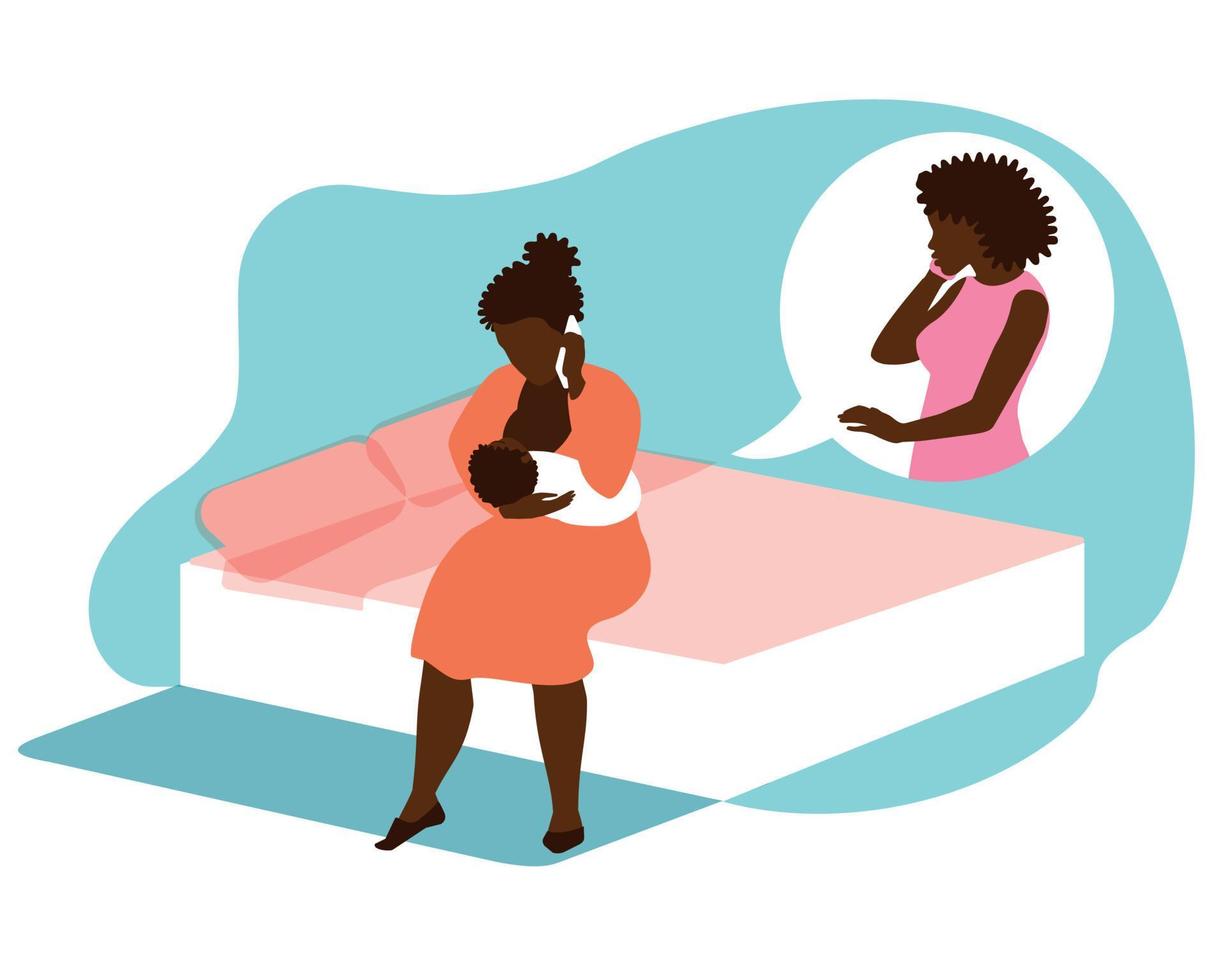 Breastfeeding support hotline. A woman with a newborn baby at her breast calls a lactation consultant over the phone for help. Helping mothers in the postpartum period. vector