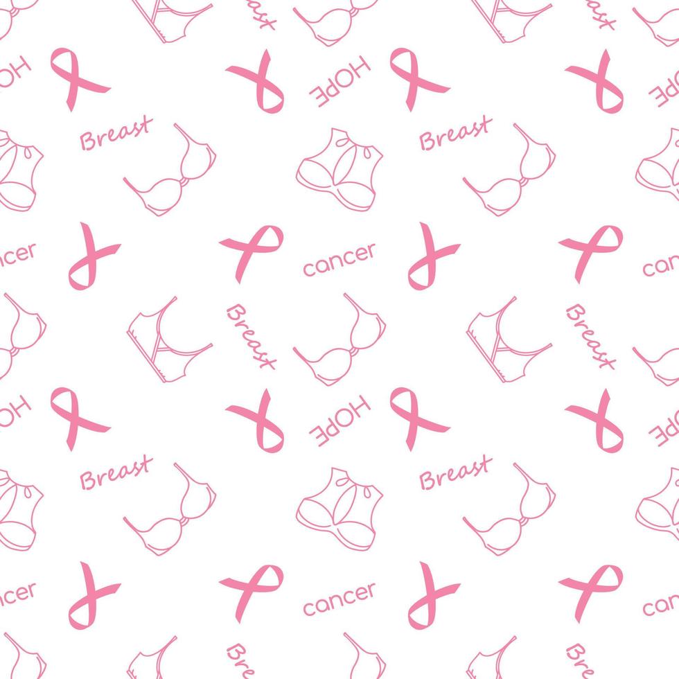 sujetador rosa y patrón sin costuras de cinta sobre fondo blanco. texto cáncer, mama, esperanza. mes de concientización octubre. vector