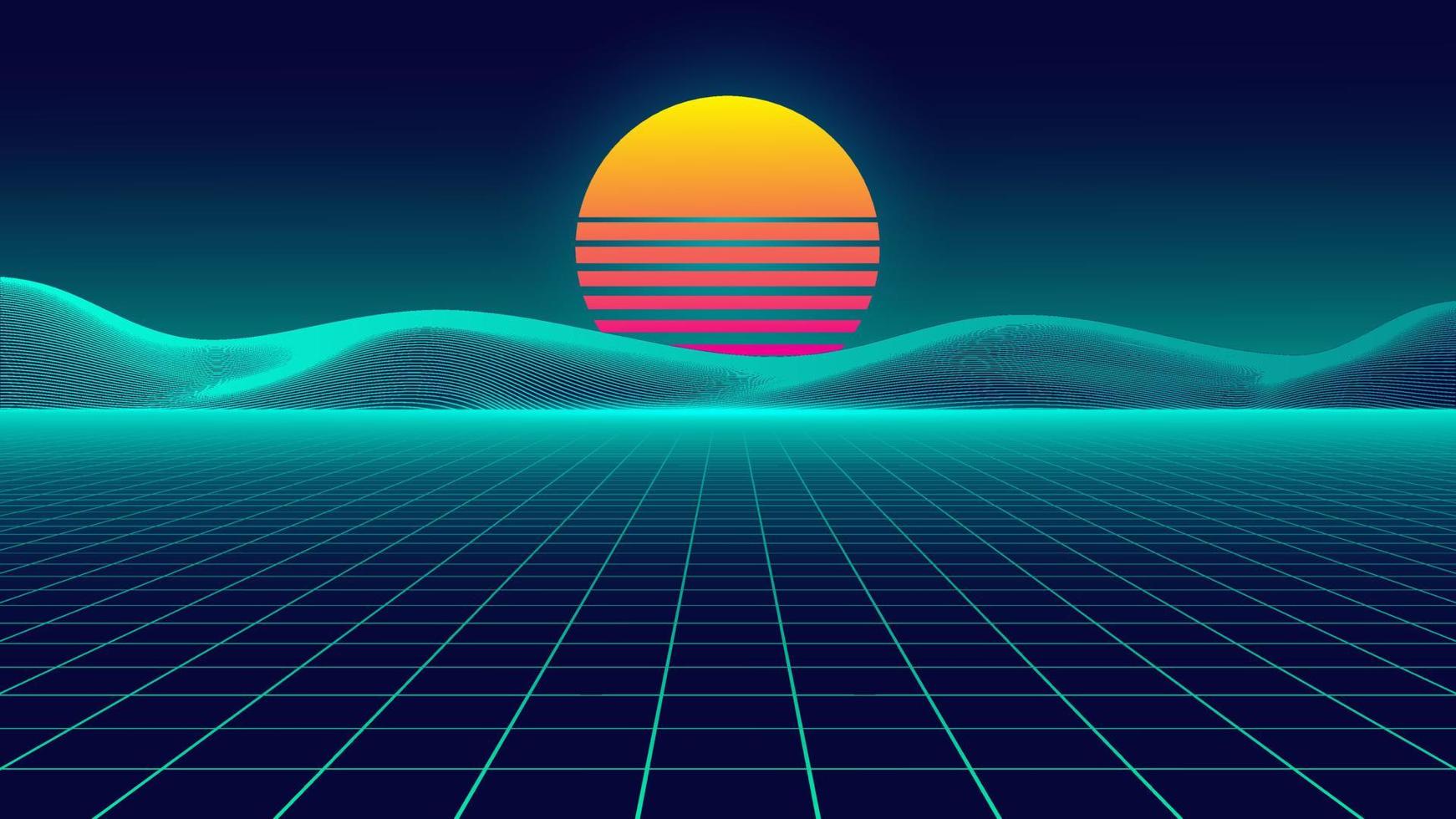 paisaje retro futurista con sol y montañas. vector