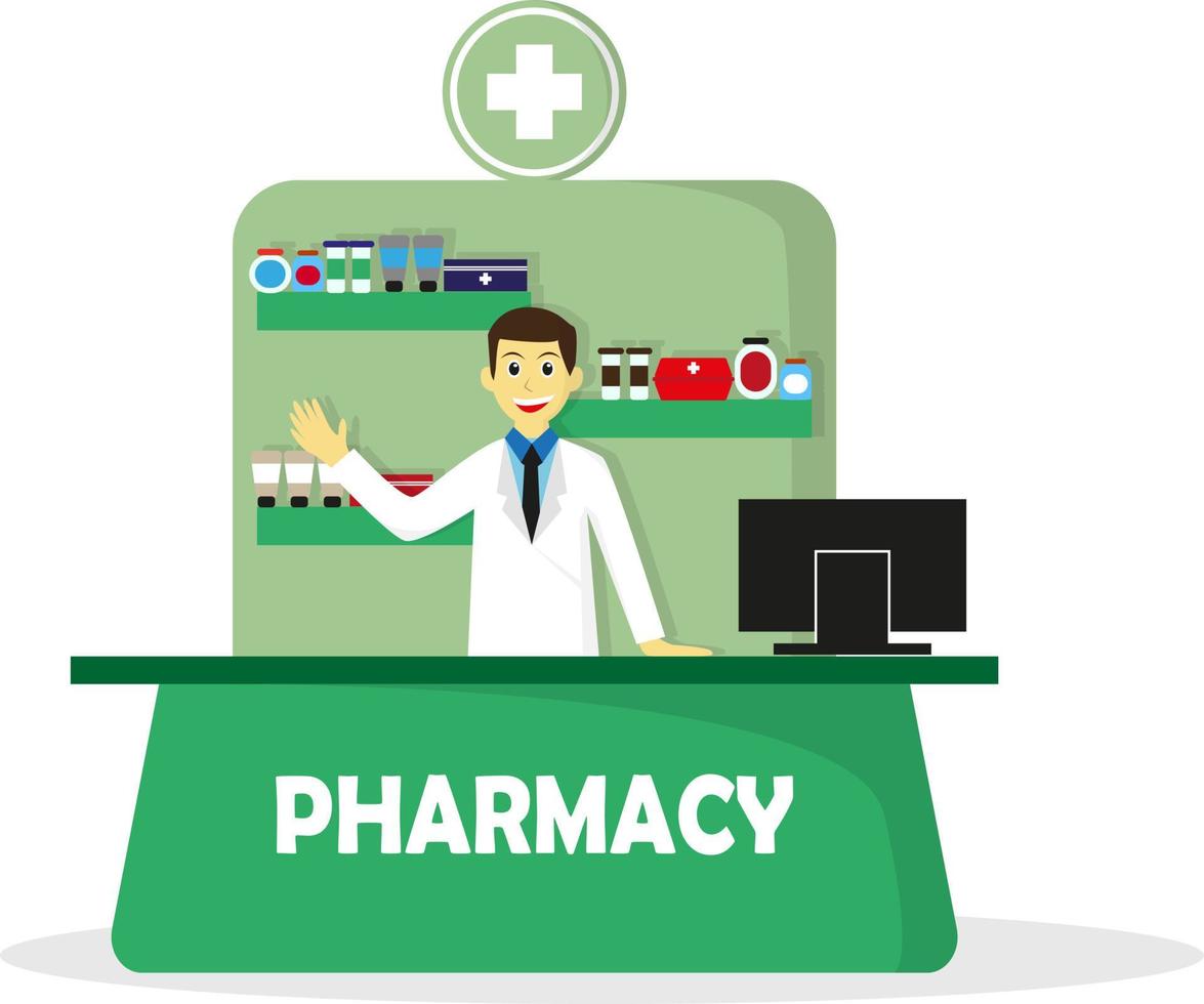 pharmacist in front of drug store vector