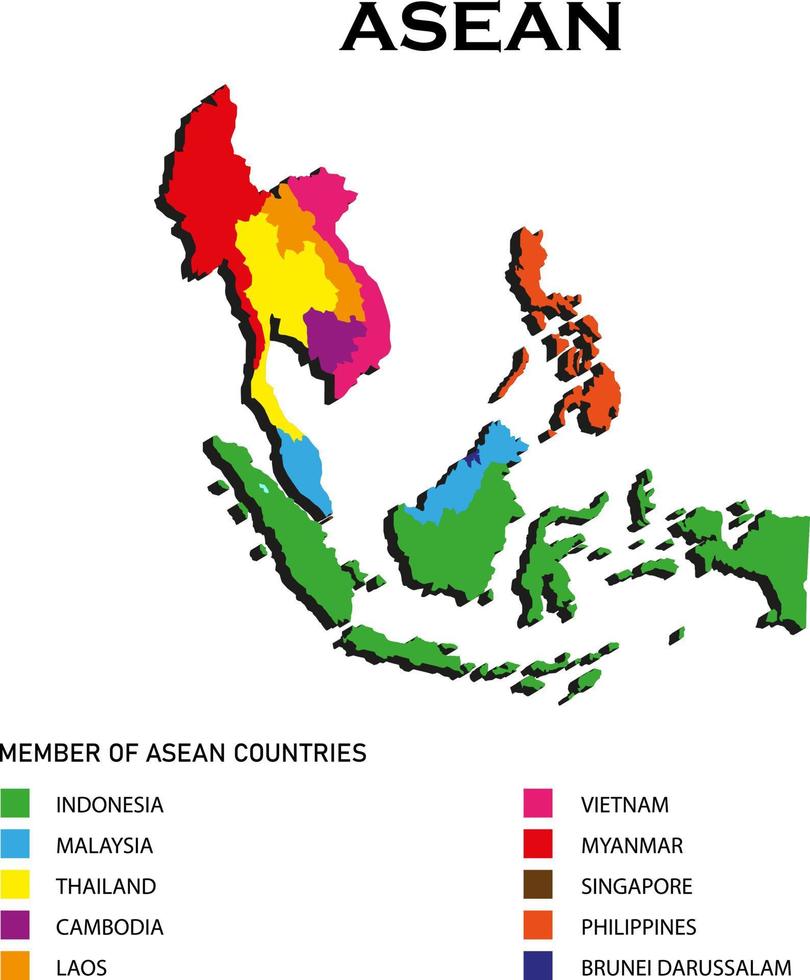 Mapa de países de la asean isométrica en 3d que incluye nombres de países vector