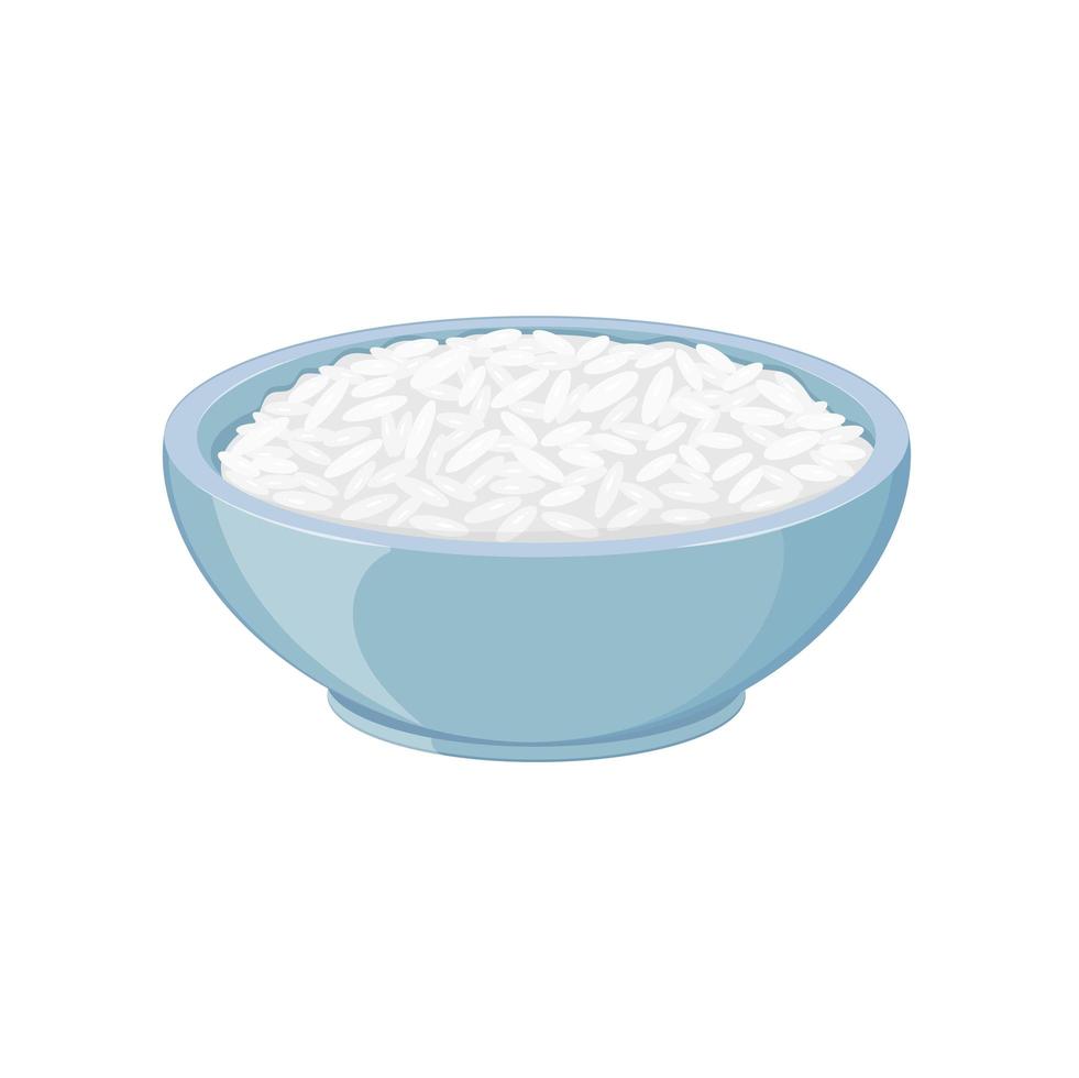 arroz cocido en un tazón azul, aislado en blanco. vector