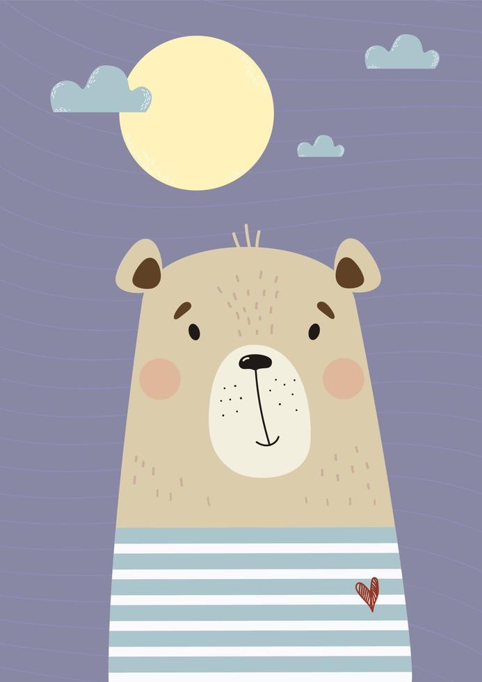 lindo oso marinero en chaleco a rayas. ilustración vectorial afiche de animales para la colección de niños, postales, diseño, impresión, decoración, dormitorio, guardería y habitaciones para niños vector