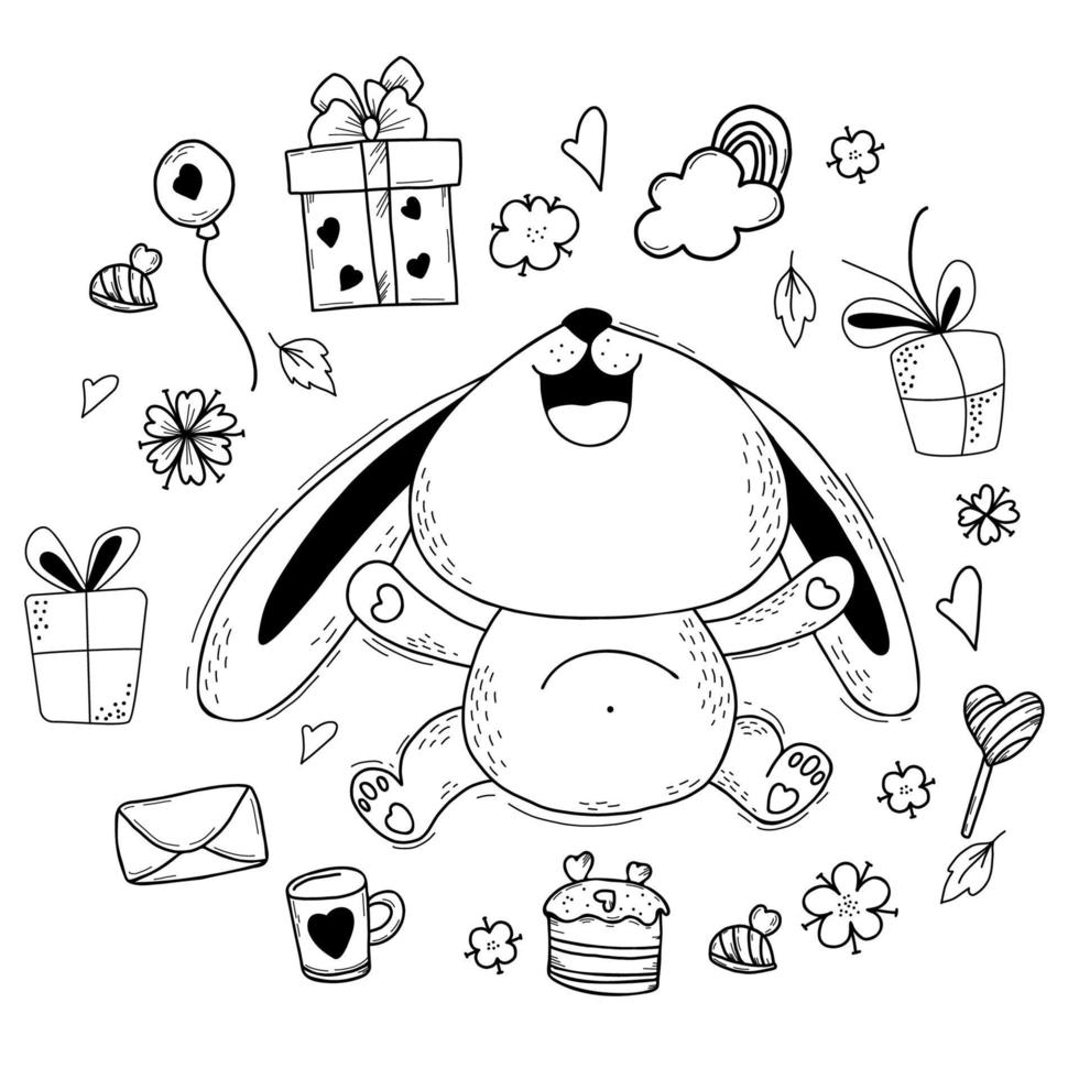 Cute happy bunny with gifts, balloon and cake, sweets, lollipops and flowers. Vector illustration. Set of isolated hand drawn doodles for design and decoration, for kids collection and greeting cards