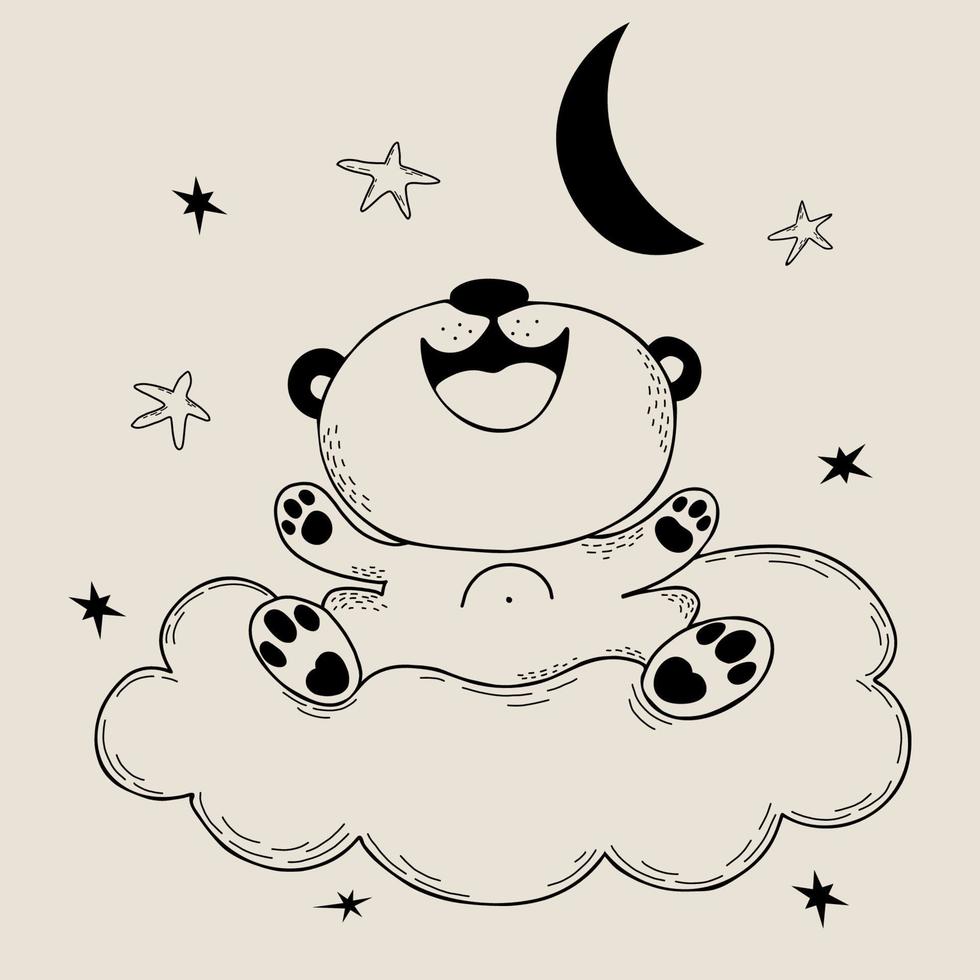 Cute panda sits on cloud and rejoices at moon. Vector illustration. Character - Cute animal. Linear hand drawing doodles for kids collection and postcards, design, decor and print