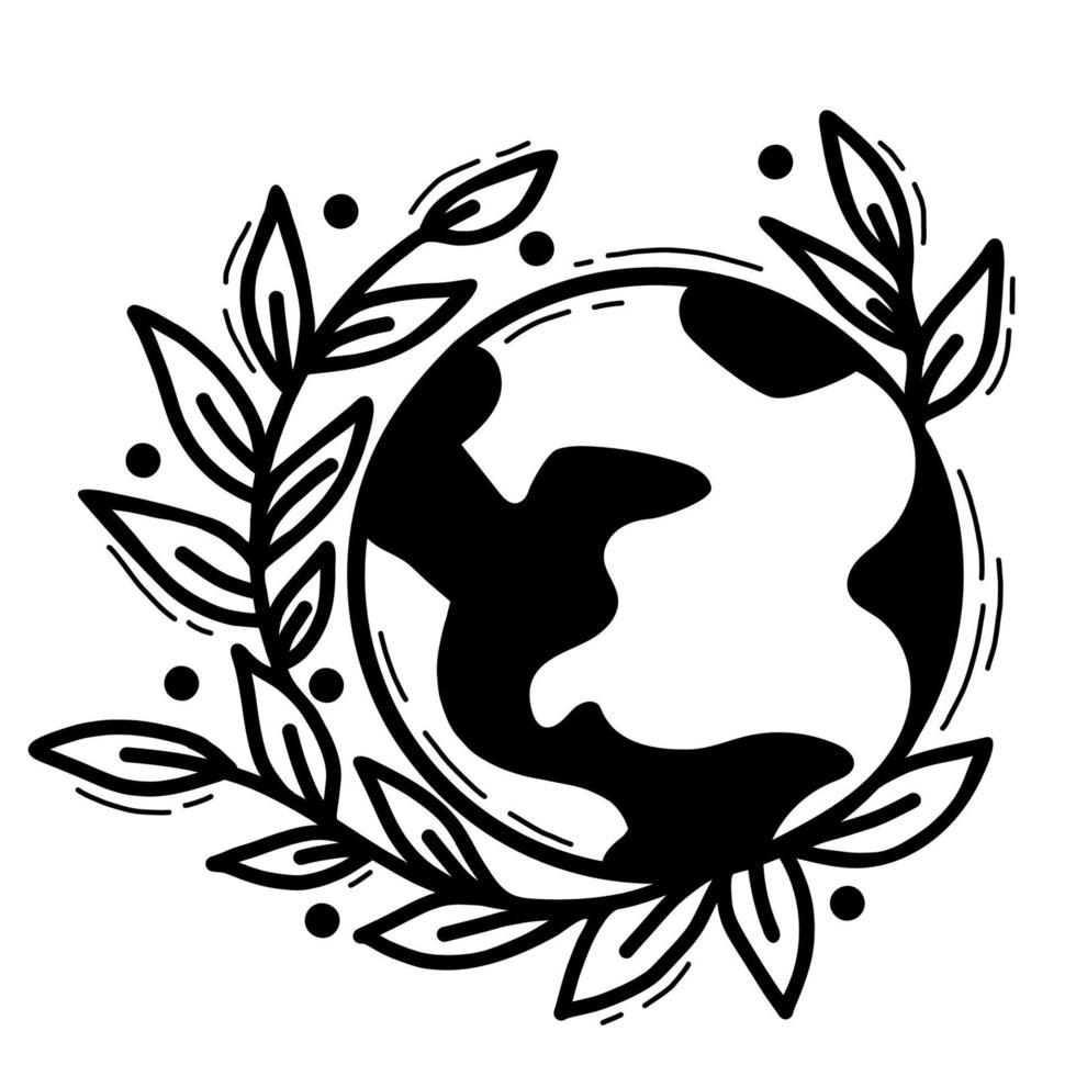 signo de ecología - planeta tierra con plantas. ilustración vectorial garabato dibujado a mano lineal vector