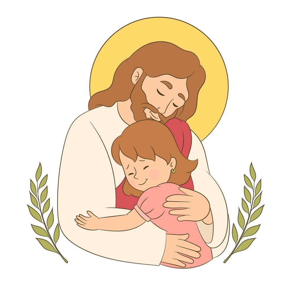 Jesus Hugging a little girl, feeling love and care, in the arms of the savior. vector