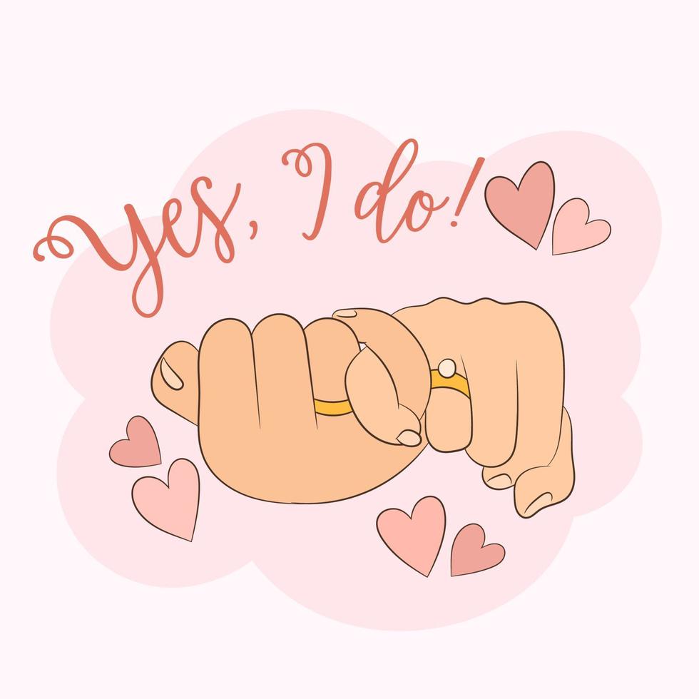 Newlyweds hold hands, hold hands together with little fingers. vector