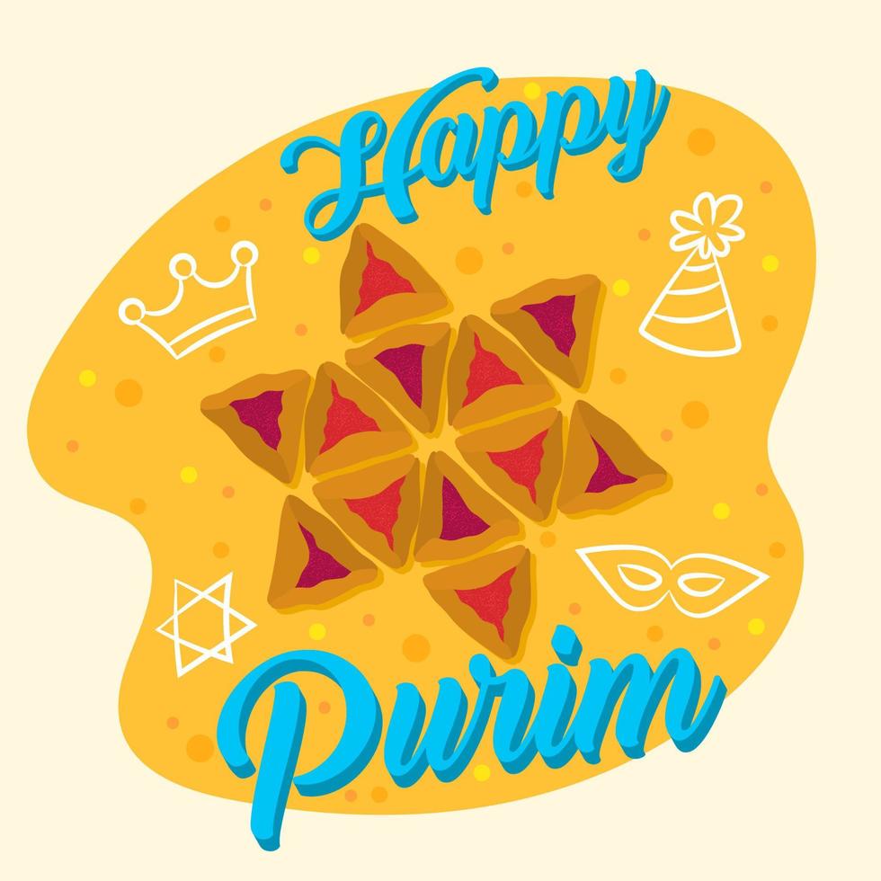 feliz purim. cartel de vacaciones judías con estrella de david, galletas hamantaschen tradicionales. vector