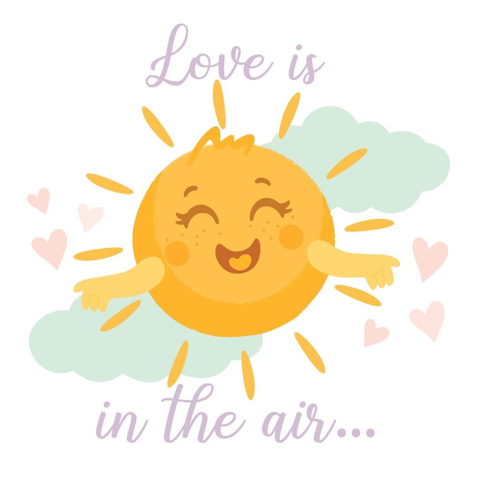 Sun with hand drawn letters, time for love, valentines celebration. vector