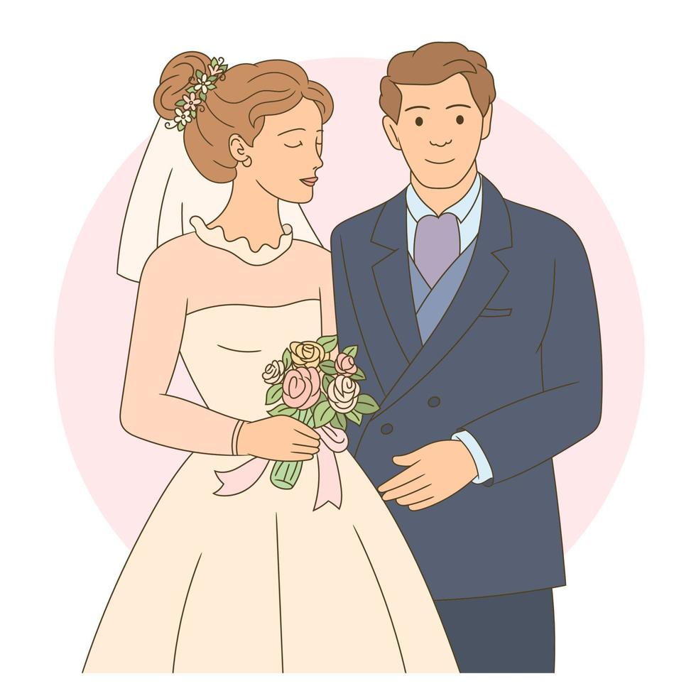 Young and cheerful just married couple, First meet of bride and groom. vector