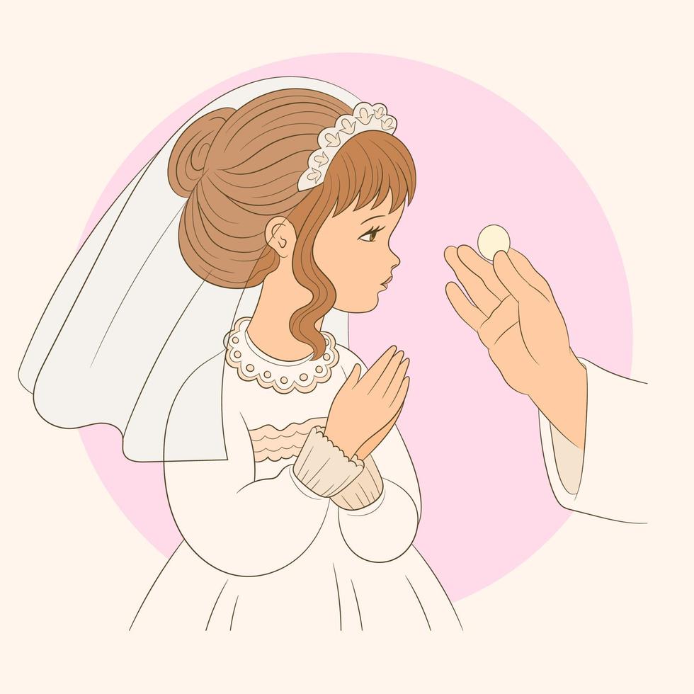 Little girl receives the Eucharist in her first communion day vector