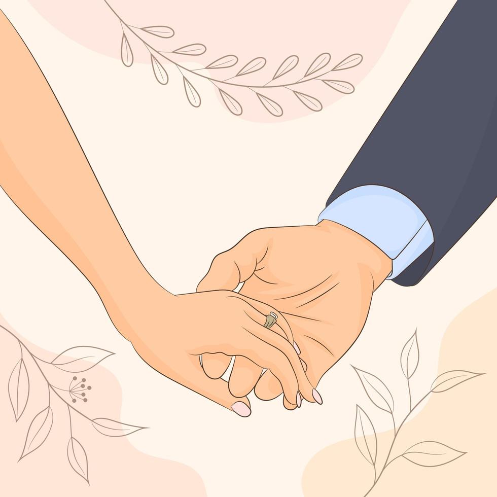 Just married holding hands, wedding couple holding hands. vector