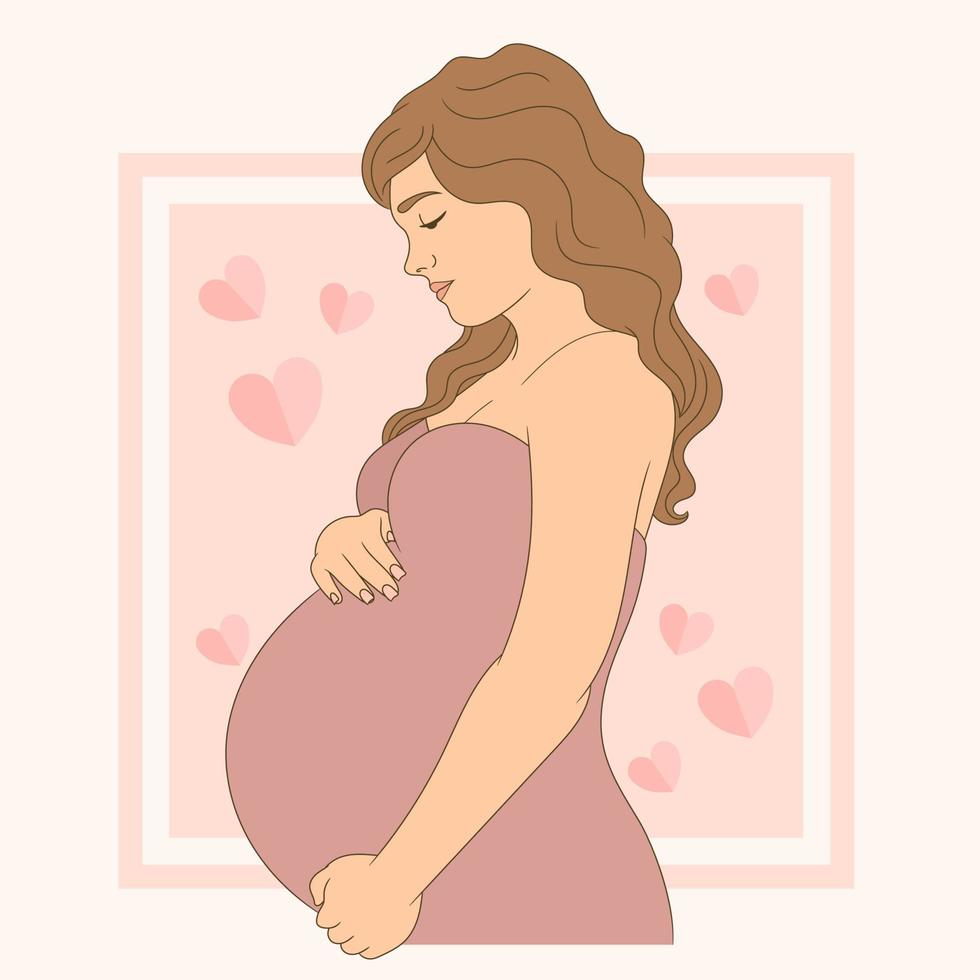 Pregnant happy Woman touching her belly, healthy Pregnancy concept. vector