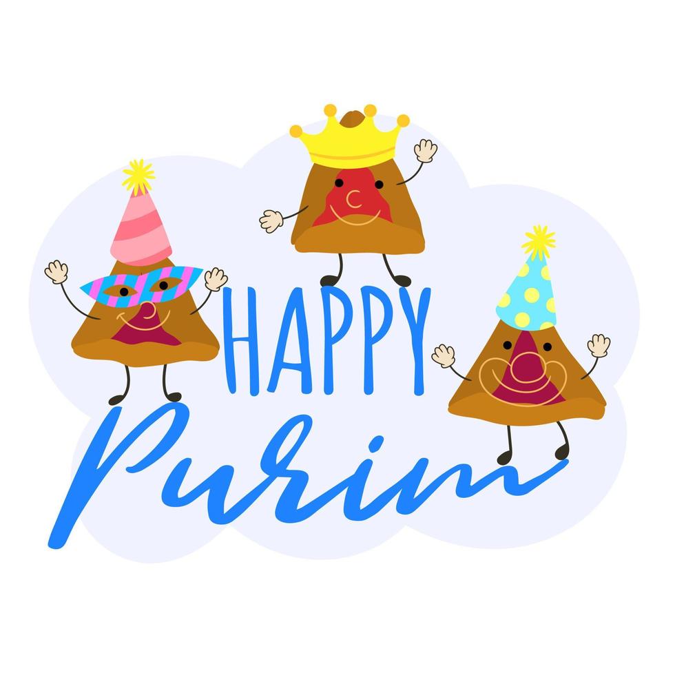 Purim holiday design with hamantaschen cookies funny cartoon characters. vector