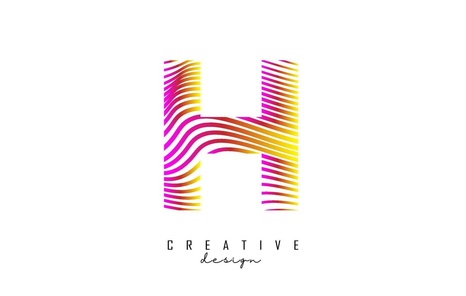 Letter H logo with vibrant colourful twisted lines. Creative vector illustration with zebra, finger print pattern lines.