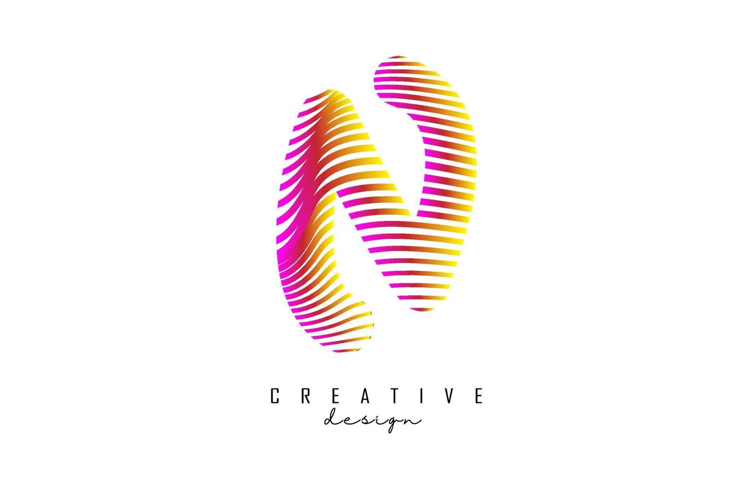 Letter N logo with vibrant colourful twisted lines. Creative vector illustration with zebra, finger print pattern lines.