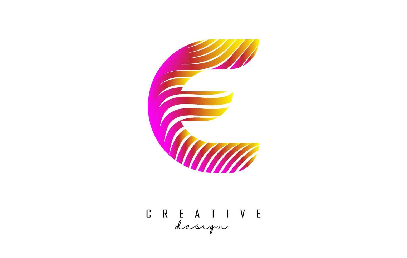 Letter E logo with vibrant colourful twisted lines. Creative vector illustration with zebra, finger print pattern lines.