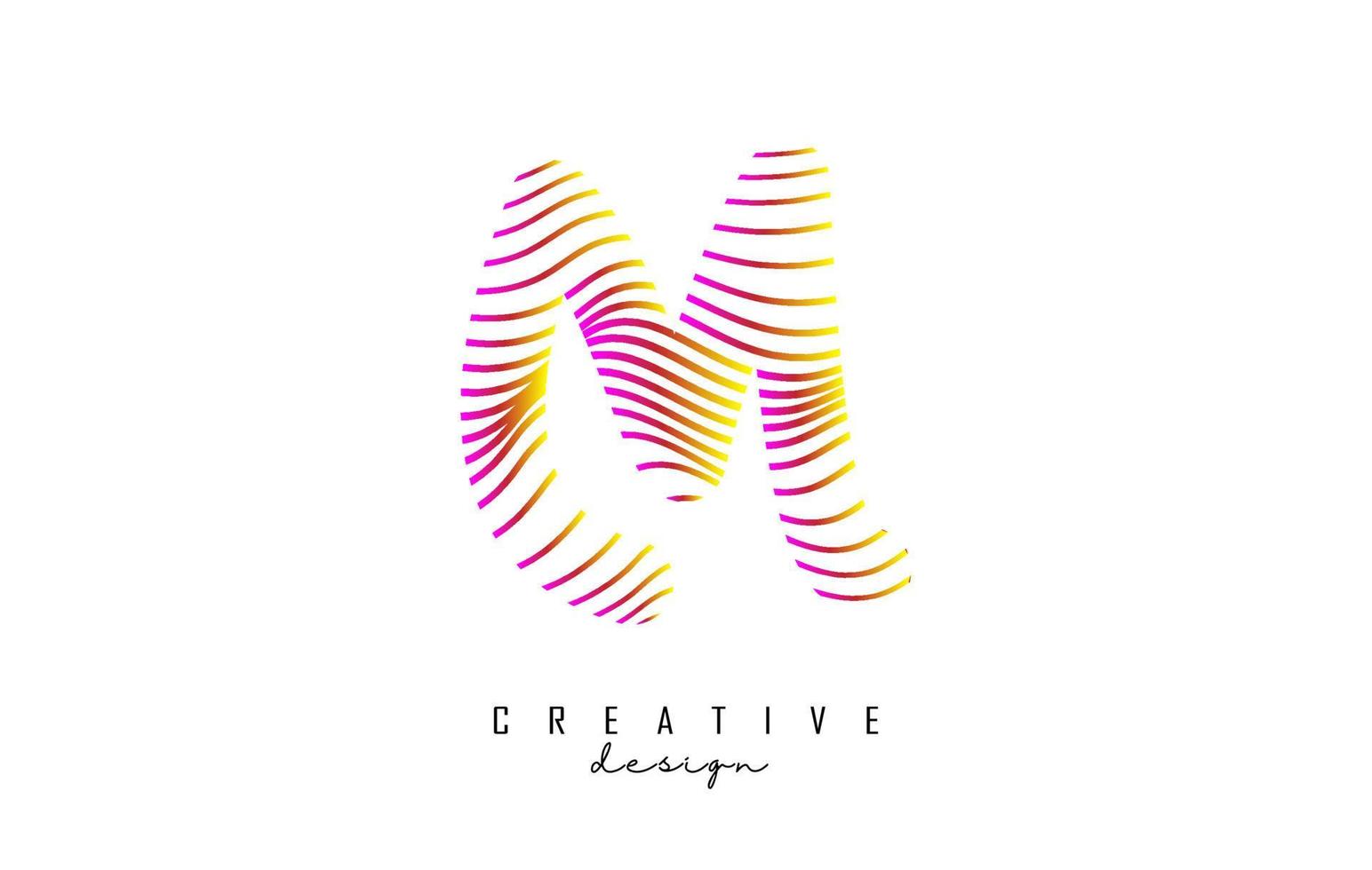 logotipo de la letra m con líneas retorcidas de colores vibrantes. ilustración vectorial creativa con cebra, líneas de patrones de huellas dactilares. vector