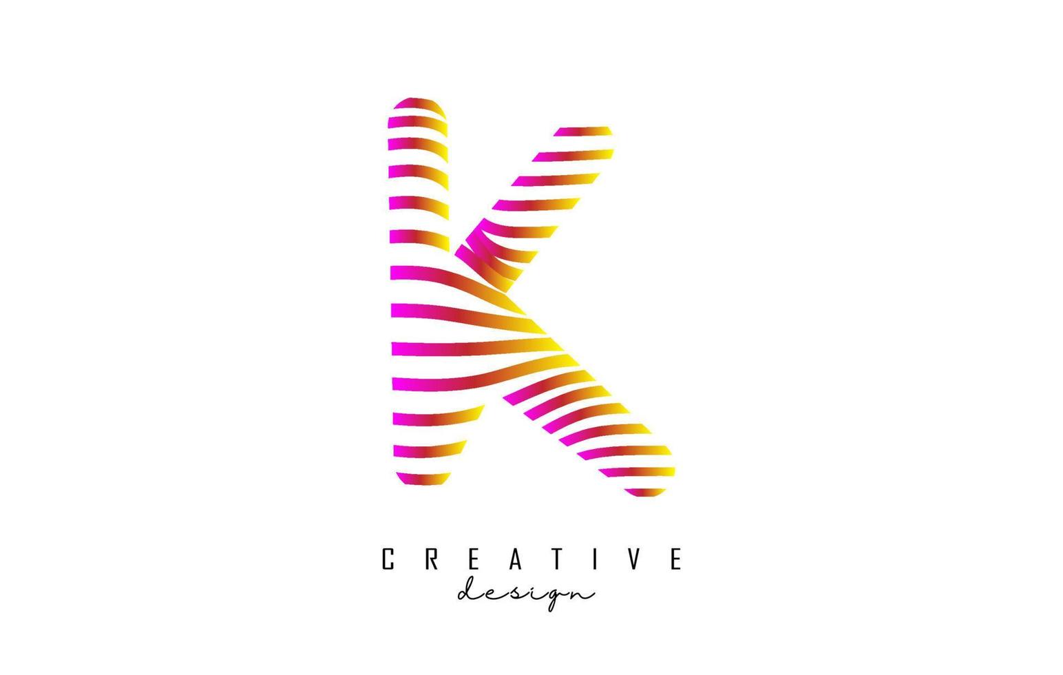 Letter K logo with vibrant colourful twisted lines. Creative vector illustration with zebra, finger print pattern lines.