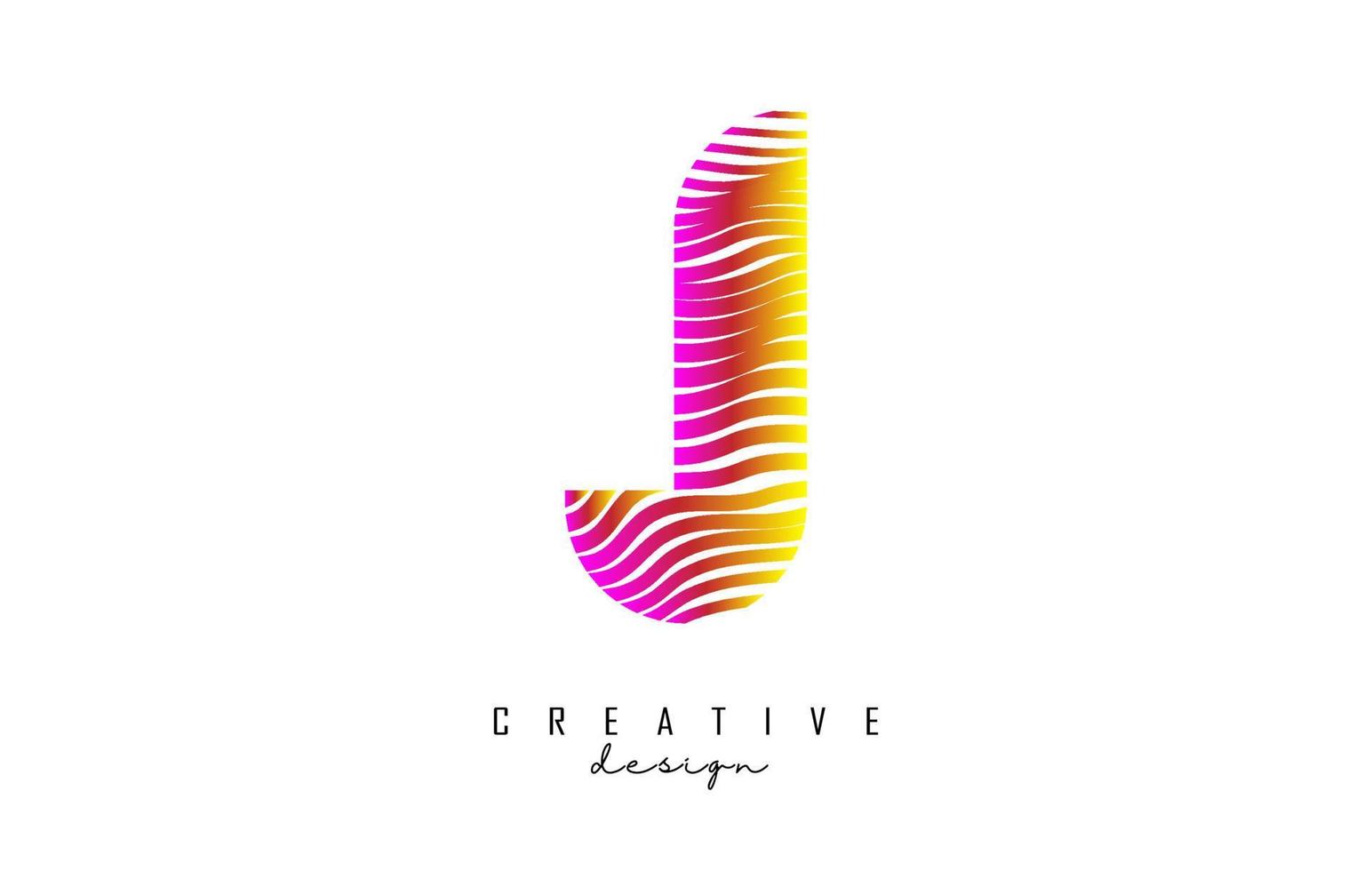 Letter J logo with vibrant colourful twisted lines. Creative vector illustration with zebra, finger print pattern lines.