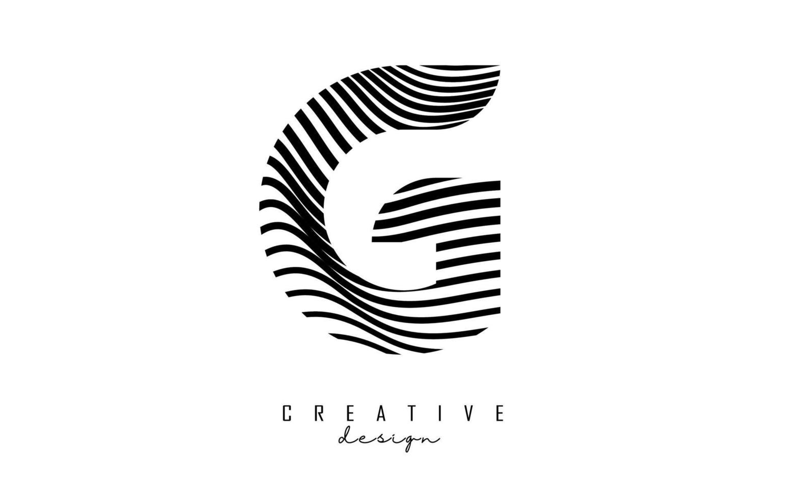 Letter G logo with black twisted lines. Creative vector illustration with zebra, finger print pattern lines.