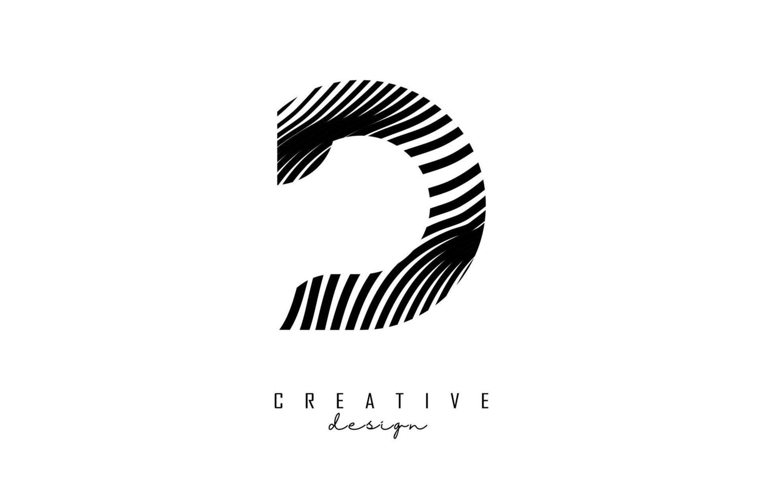 Letter D logo with black twisted lines. Creative vector illustration with zebra, finger print pattern lines.