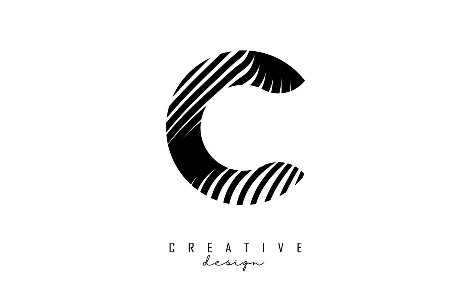 Letter C logo with black twisted lines. Creative vector illustration with zebra, finger print pattern lines.