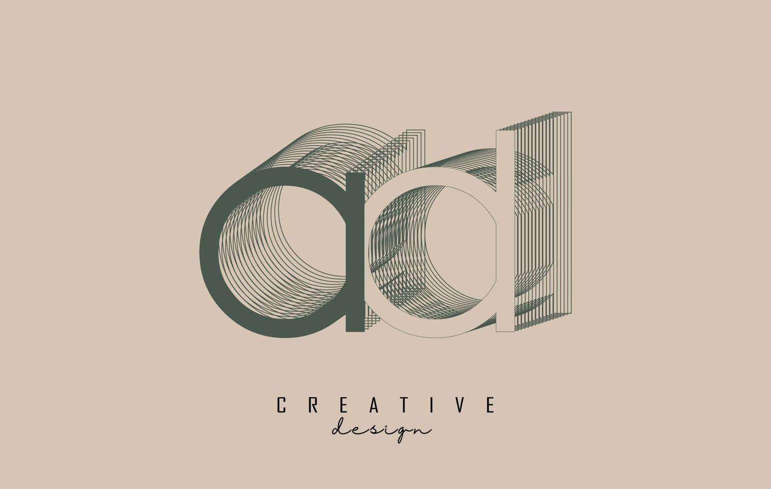 Wireframe AD Letter Logo Design in two colors. Creative vector illustration with wired, mirrored outline frame.