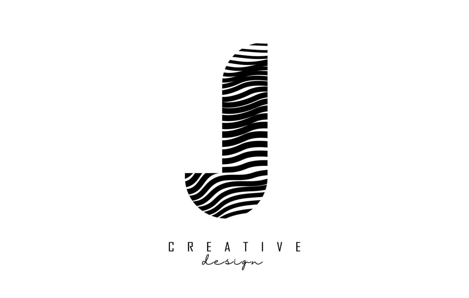 Letter J logo with black twisted lines. Creative vector illustration with zebra, finger print pattern lines.