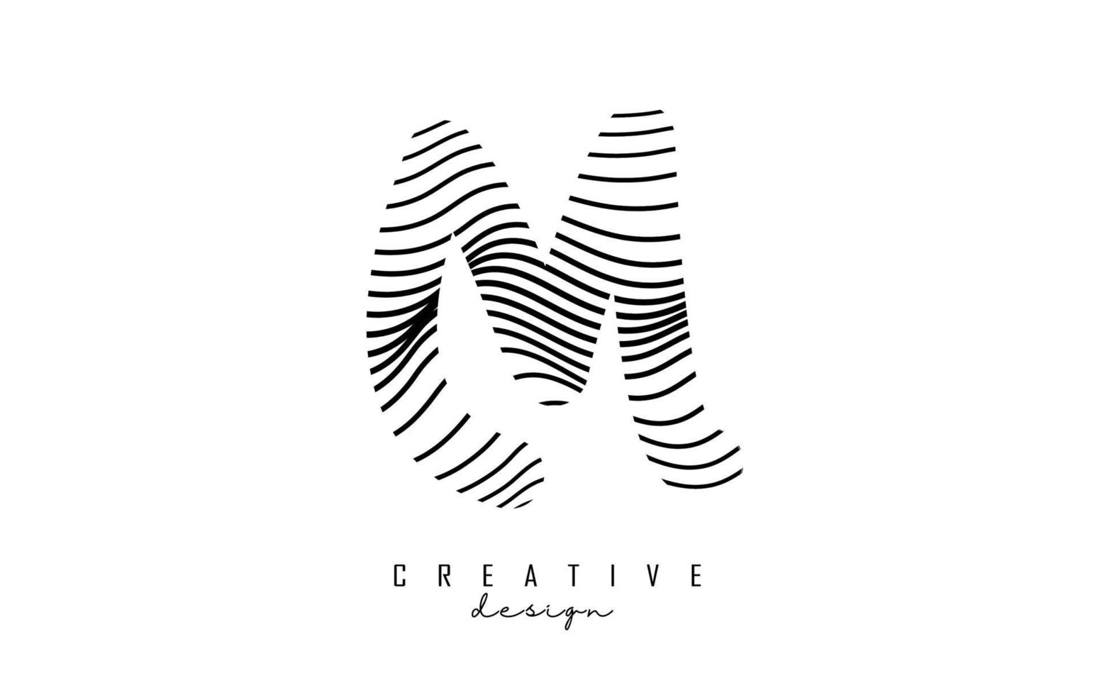 Letter M logo with black twisted lines. Creative vector illustration with zebra, finger print pattern lines.